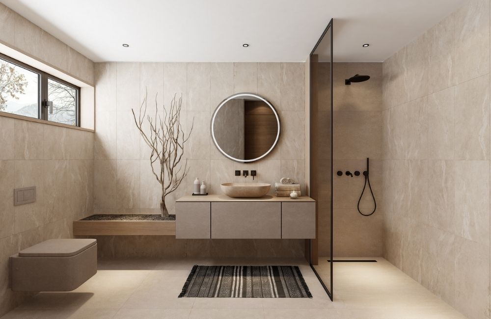 Modern bathroom in Schaumburg featuring a walk-in shower with glass enclosure, round mirror, and vanity