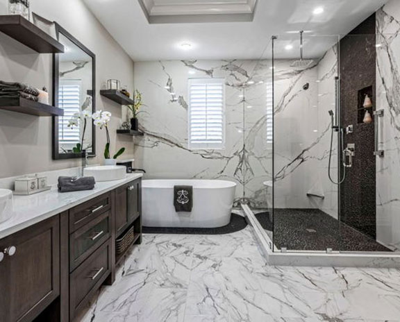 Luxurious bathroom remodel showcasing a walk-in shower and soaking tub, exemplifying DreamMaker’s quality bath remodeling in St. Louis Park