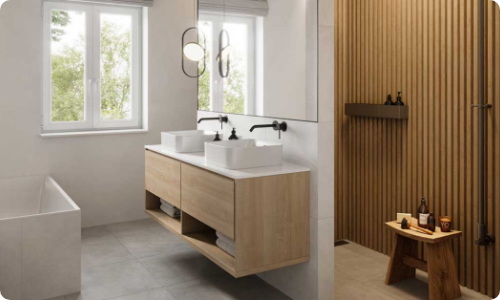 Modern spa-inspired bathroom remodel featuring dual vanities and wood accents in Yavapai